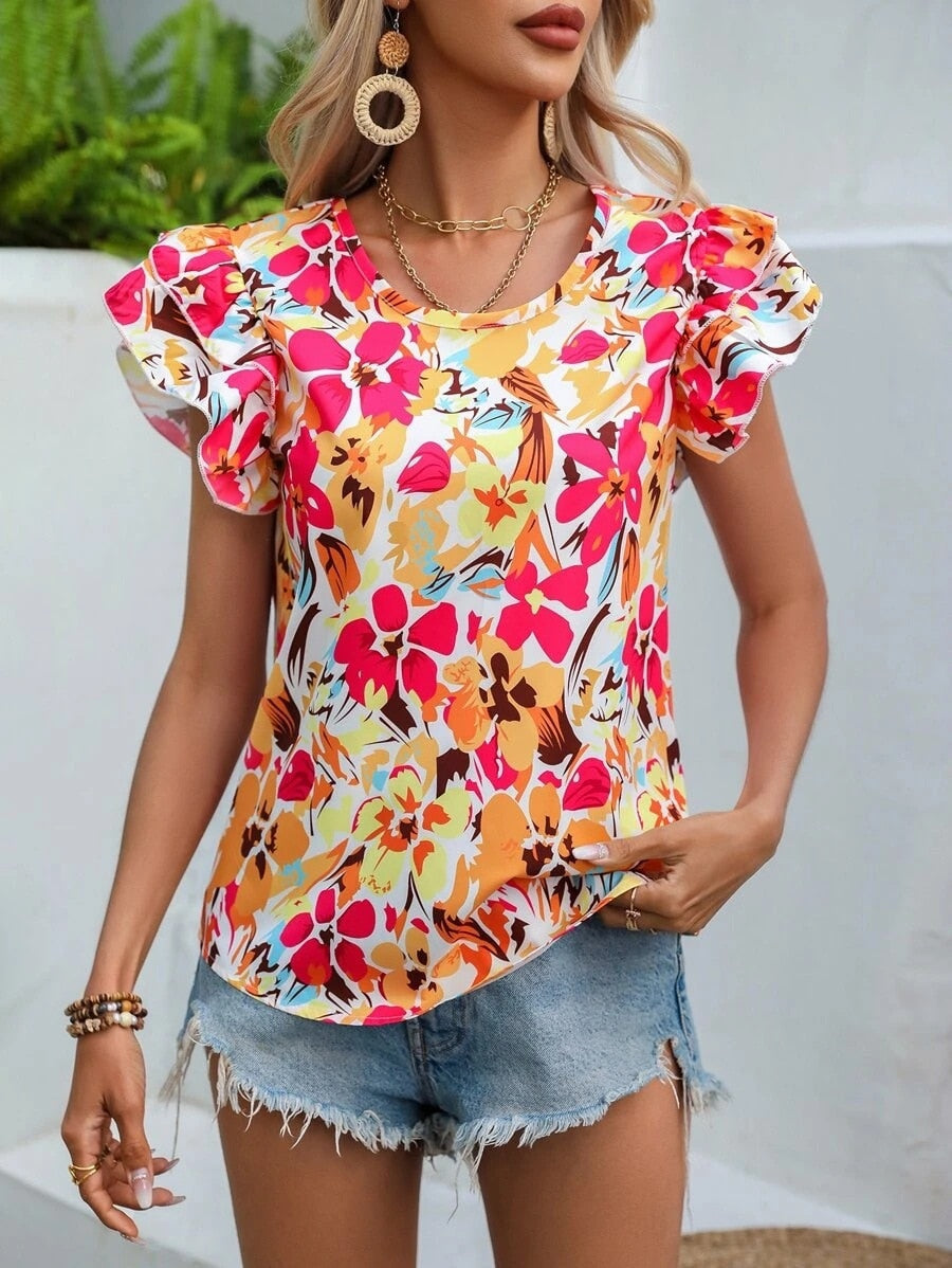 liwuka Fashion Flower Print Flying Sleeve Shirt Blouse Woman Spring Summer Casual O-neck Short Sleeve Blouses For Women Loose Tops