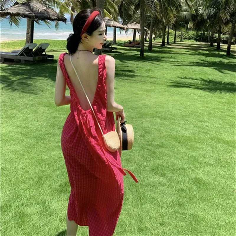 liwuka 2024 New Sexy Women Backless Beach Dress Summer Elegant Chic Cotton Loose Rose Red Vacation Y2K Lace Up Long Kawaii Clothing