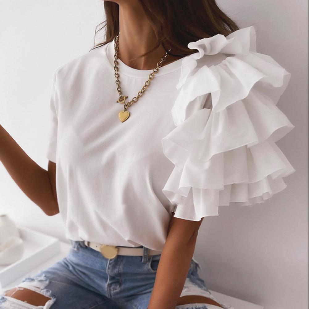 liwuka Fashion blouse women elegant white Solid Color Layered Ruffle Short Sleeve Asymmetric Loose T-shirt Top for Summer Women Blouses