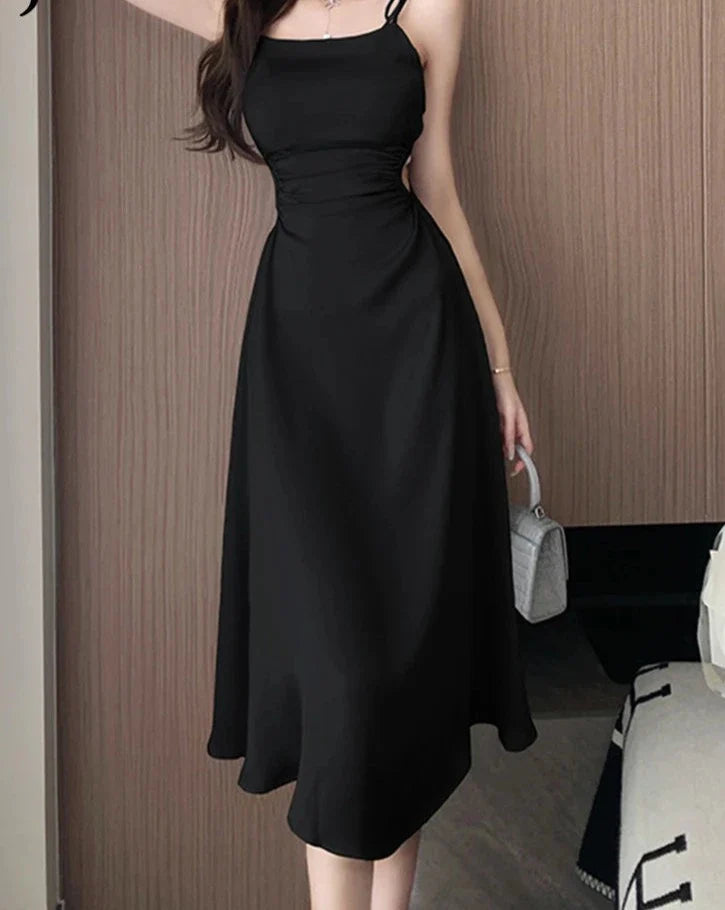 liwuka Solid Color Sling Dress Women's Summer Korean Elegant Lady Pleated Dress Fashion Beach Sexy Backless A-line Dresses