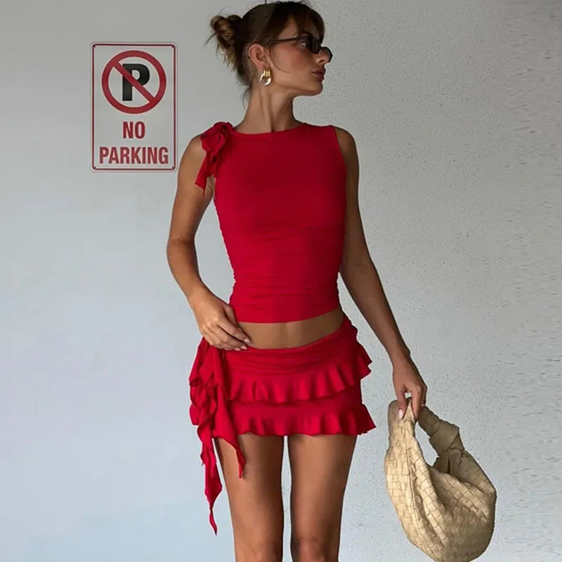 liwuka Red Skirt Set Sleeveless Round Neck Open Umbilical Small Tank Top Slim Fit Wooden Ear Edge Wrapped Hip Skirts Suit