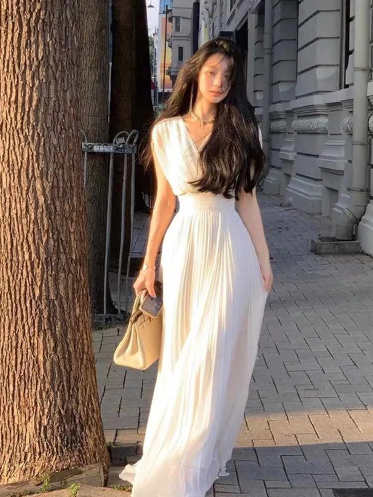 liwuka Summer Solid Pleats Long Dresses French Elegant V Neck Holiday Party Vestidos Women High Waist Wedding Robe Ladies Clothes