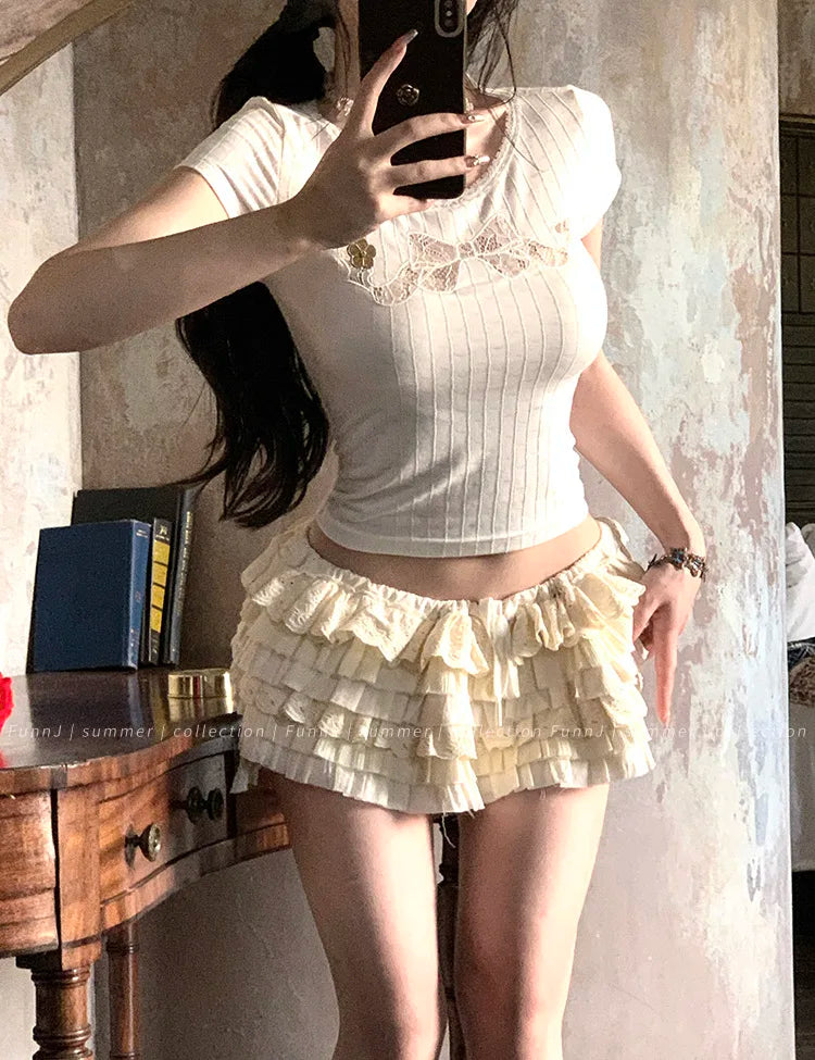 liwuka Coquette Lace Crop T Shirts Women Sweet Girl White Bow Hollow Tees Aesthetic Korean Fashion Short Sleeve Tops Summer