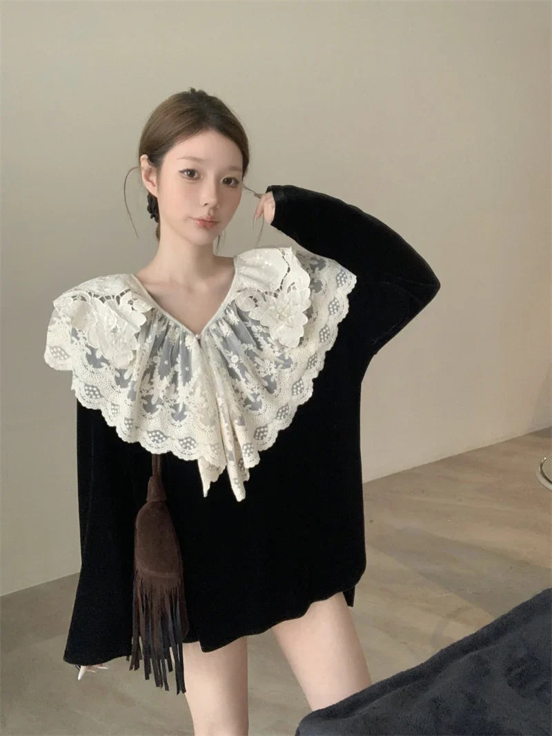 liwuka Lace Hook Flower Ruffles Velvet Shirts for Women Vintage V Neck Loose Pullover French Style Contrast Patchwork Tops