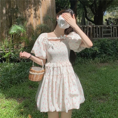 liwuka Summer Korean Fresh Pleated New Vestidos Square Neck Floral Puff Dress for Women Short Slim Waist Flower Bud Dresses