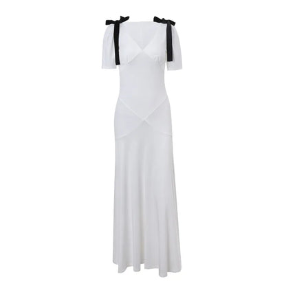 liwuka Elegant White Bow Maxi Dress for Women Fashion Puff Short Sleeve Slim Party Dresses 2024 Summer Holidays Party Draped Dress