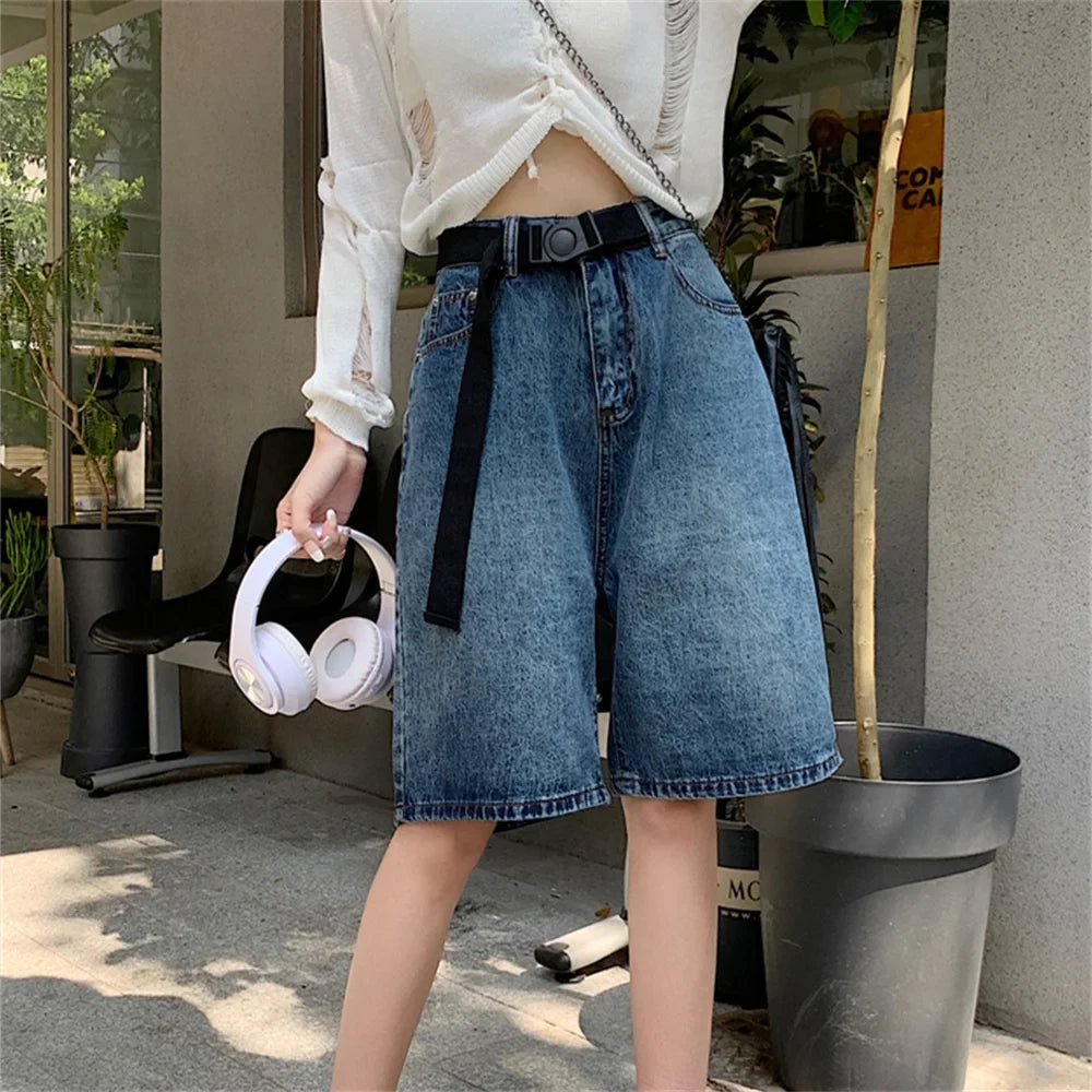 liwuka Retro Half Pants Women Wide Leg Summer 2023 New Slim-Fit Casual All Match Office Lady Denim Loose Jeanswear Shorts