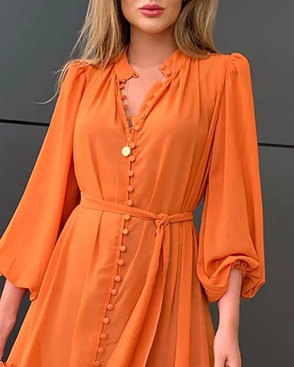 liwuka Orange Ruffles Midi Dress For Women Lantern Sleeve Button Solid Dress With Belt Daily Vacation Party Vestido