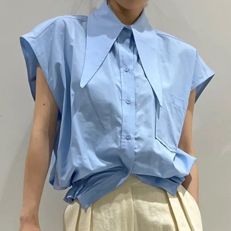 liwuka Simple Solid Color Lapel Women Blouses Loose Large Pocket Design Blusas Short Sleeve Shirts Korean Summer Top for Women