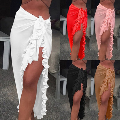 liwuka Women Chiffon See-Through Beach Bikini Cover Up Wrap Scarf Swimwear Pareo Sarong Dress Solid Ruffle Casual Beach Dress