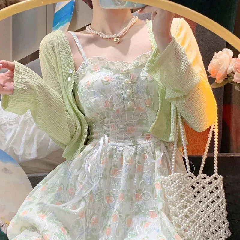 liwuka Spring Summer Elegant Y2k Midi Dress Women Casual Lace One Piece Dress Korean Sweet Vintage Floral Dress Party 2 Piece Set