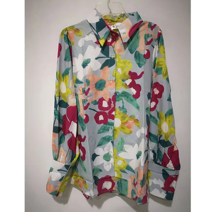 liwuka Spring Fashion Lapel Lantern Sleeve Blouses Office Lady Vintage Floral Print Shirts Tops Button Up Long Sleeve Shirt