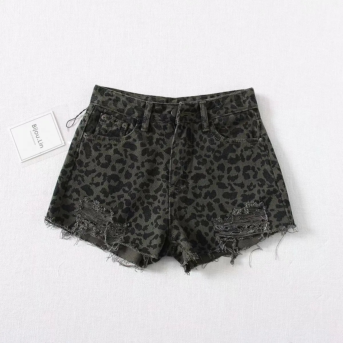 liwuka Sexy Leopard Print Ripped Jeans for Women Fashion Street High Waisted Wide Leg Shorts American Retro Hot Girl Y2k Loose Shorts