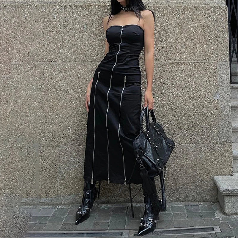 liwuka Techwear Fashion Zip Up Midi Dresses Cyber Y2k Mall Gothic Split Women Tube Dress Partywear Punk Off Shoulder Outfits