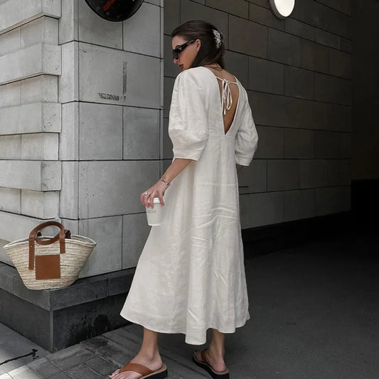 liwuka Original V-neck Cotton Linen Backless Dress Spring and Summer Women's Casual Loose Waist Bubble Sleeves A-line Sling Beach Dress