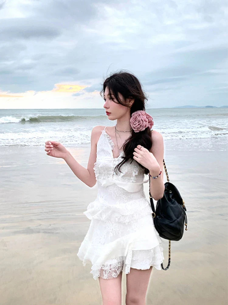 liwuka Beach Style Whit V-Neck Dress Even Party Female Elegant 2000s Vintage Clothing Korean Fashion Y2k Mini Dress Women Summer Boho