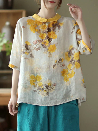 liwuka Women Summer Casual Shirts New Vintage Style Floral Print Loose Comfortable Cotton Linen Female Half Sleeve Tops