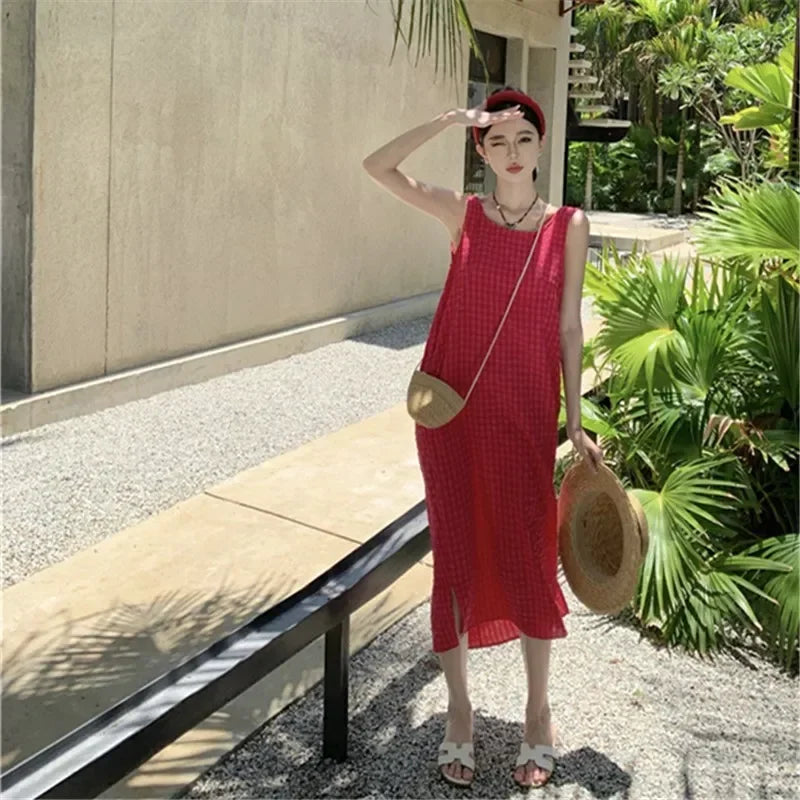 liwuka 2024 New Sexy Women Backless Beach Dress Summer Elegant Chic Cotton Loose Rose Red Vacation Y2K Lace Up Long Kawaii Clothing