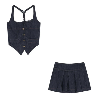 liwuka 2024 Summer New High Street Casual Pleated Denim A-line Skirt Women + Lace Splicing Backless Sexy Camisole Two-piece Suit