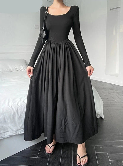 liwuka Elegant Fashion A-Line Dress Casual Basic Slim Solid O-Neck Long Sleeve Maxi Dresses For Women Autumn Spring Ladies