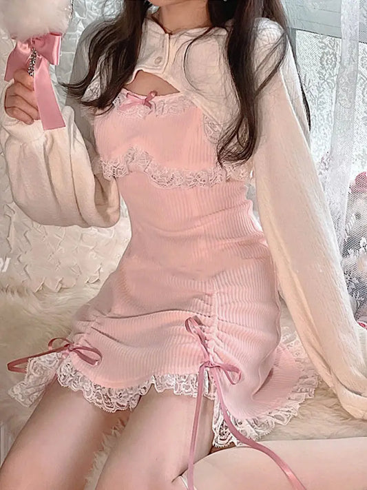 liwuka Lolita Dress Women Lace Japanese Sweet Bow Mini Dresses Pink Kawaii Party Female Blue Princess Korean Fashion Dressees Vestidos