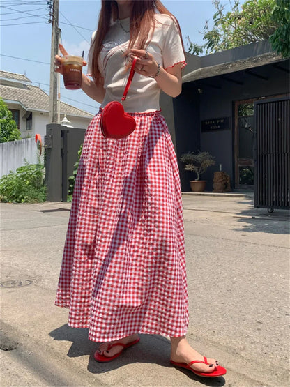 liwuka Red Skirts Women Plaid Chic Loose Office Lady High Street Vintage Sweet 2024 Casual Summer Slim Short Sleeve T-Shirts