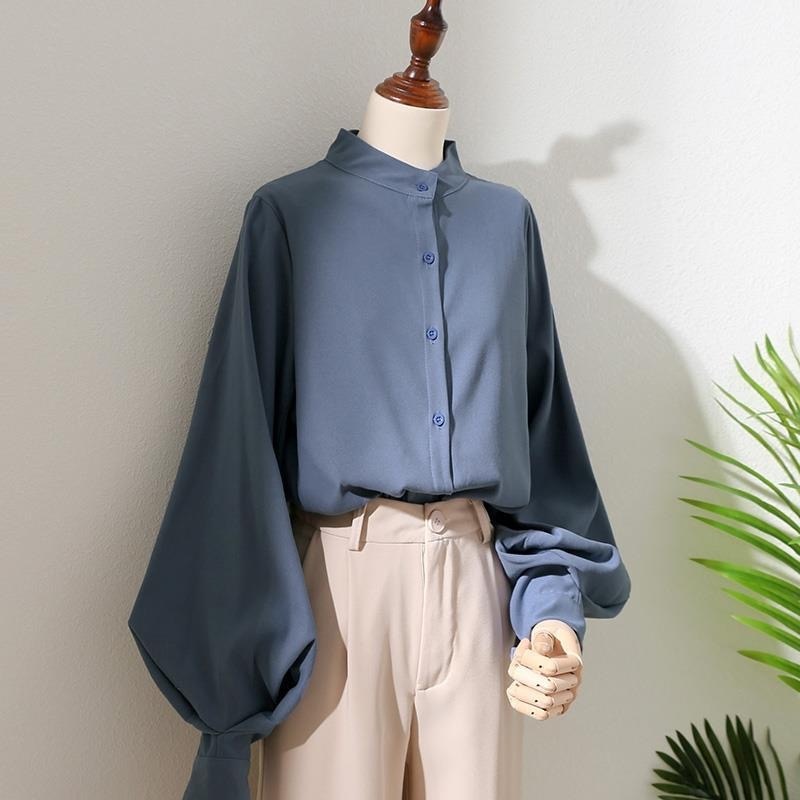 Woman Spring Autumn Style Blouses Shirt Lady Long Lantern Sleeve Stand Collar Loose Blusas Tops