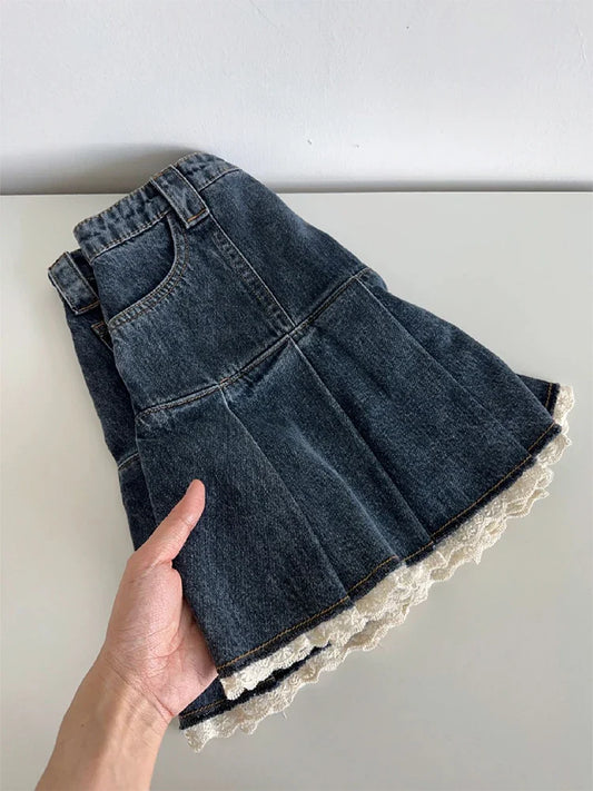 liwuka Women's Blue Denim A-Line Pleated Mini Skirt Fashion Korean Skirt Vintage Harajuku Y2k Girl Kawaii Jean Skirt Streetwear Summer