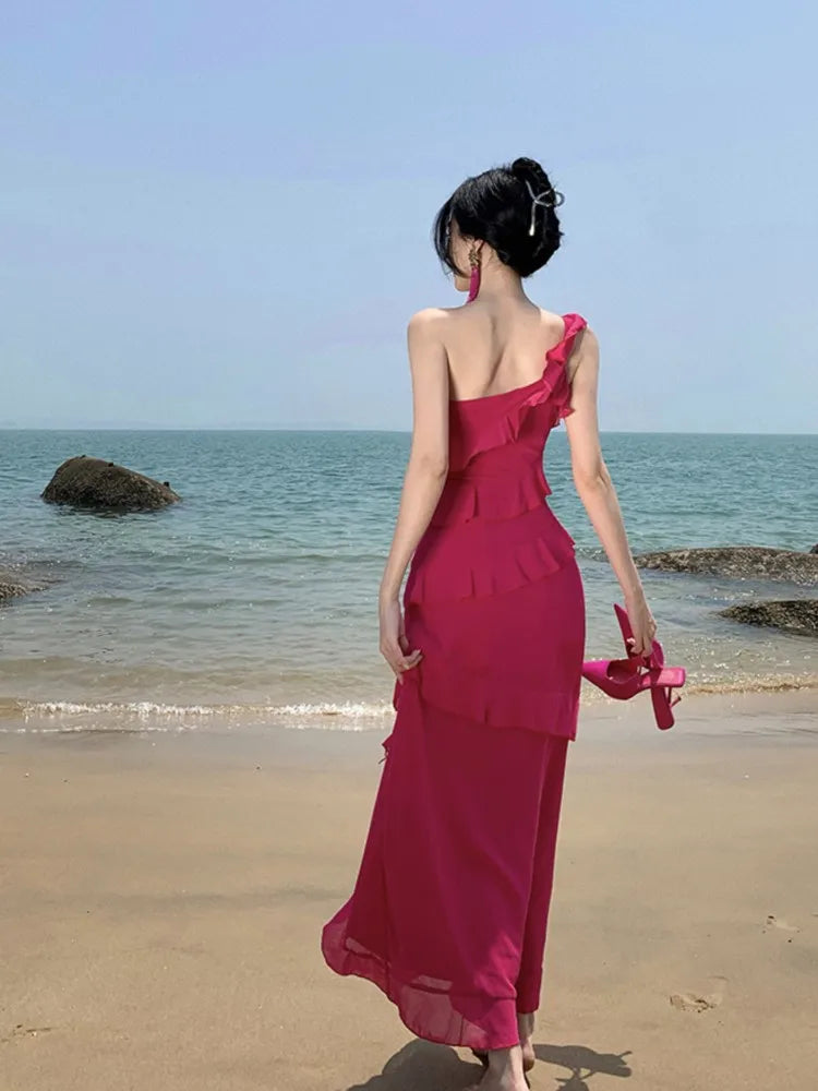 liwuka women holiday beach dress summer vintage ruffles one shoulder party dress slimy evening night vestido robe de mujer fashion