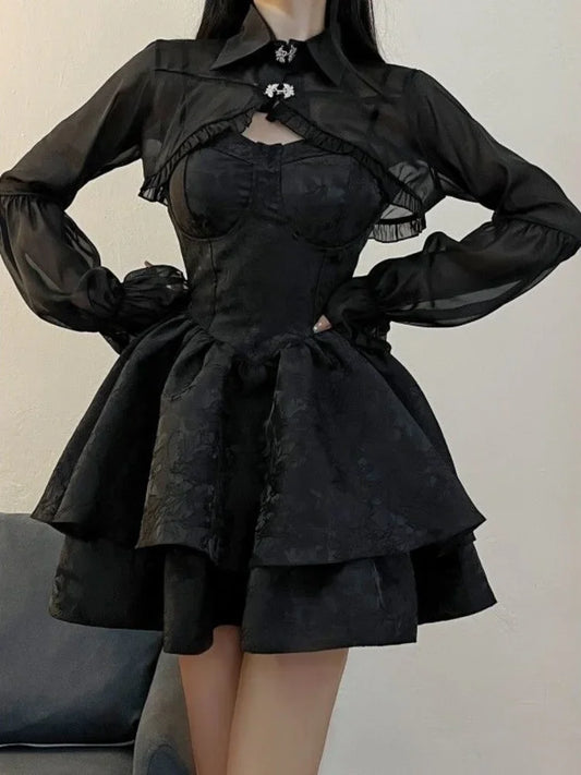 liwuka Black Sexy Lolita Dress Women Gothic Vintage Mini Dresses Harajuku Halloween Cosplay Costumes Long Sleeve Fairy Dress