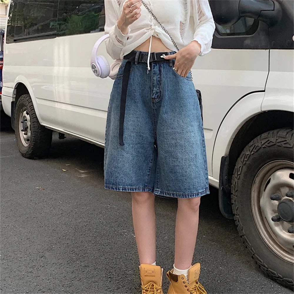 liwuka Retro Half Pants Women Wide Leg Summer 2023 New Slim-Fit Casual All Match Office Lady Denim Loose Jeanswear Shorts