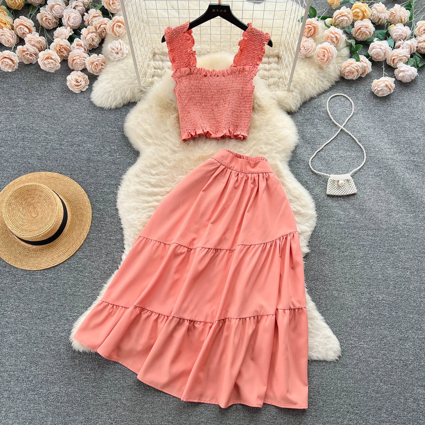 liwuka Chic Fashion Women Dress Suits Summer Vacation Style Sleeveless Stretchy Tops + High Waist Long Skirts Lady Outfits