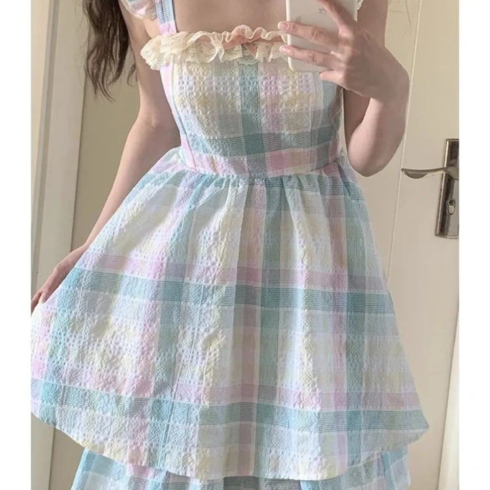 liwuka Plaid fly sleeve waist thin short fluffy halter dress Korean fashion summer new French sweet women's 2024 skirt