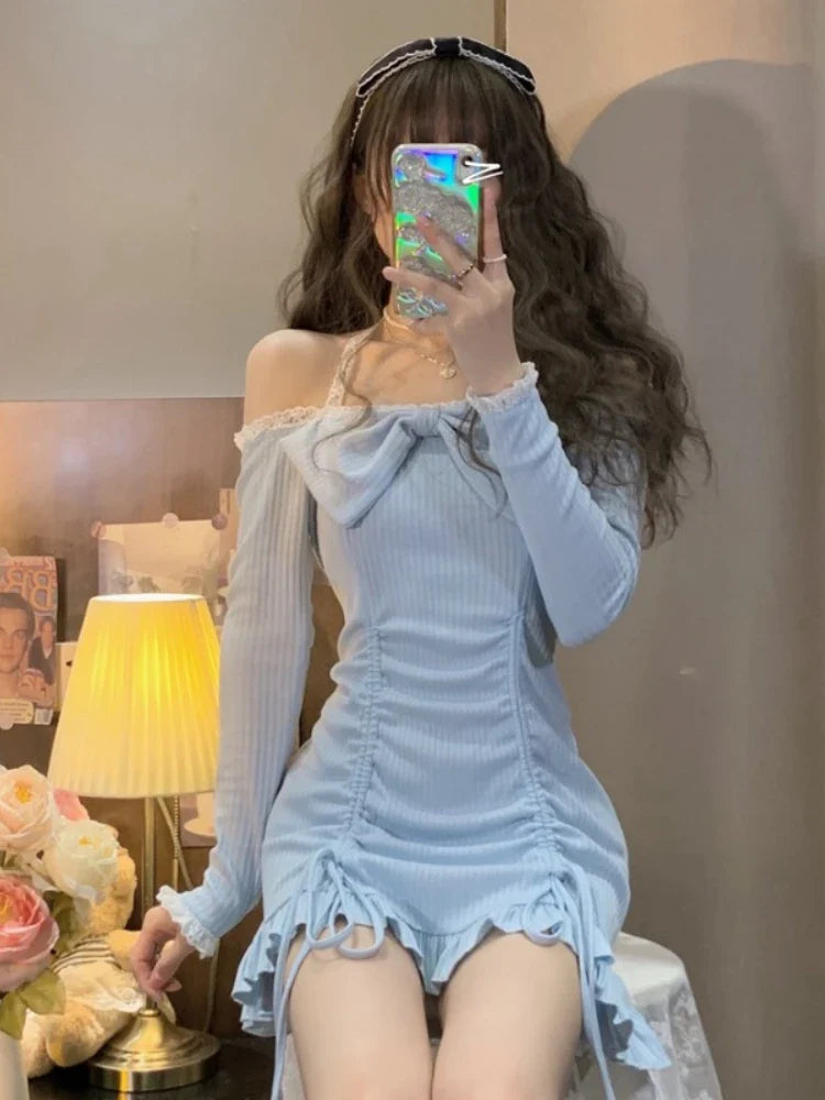 liwuka Korean Fashion Dresses Style Party Mini Dresses Women Strapless Sexy Kawaii Dresses Women Long Sleeve Lace Kawaii Lolita Dresses