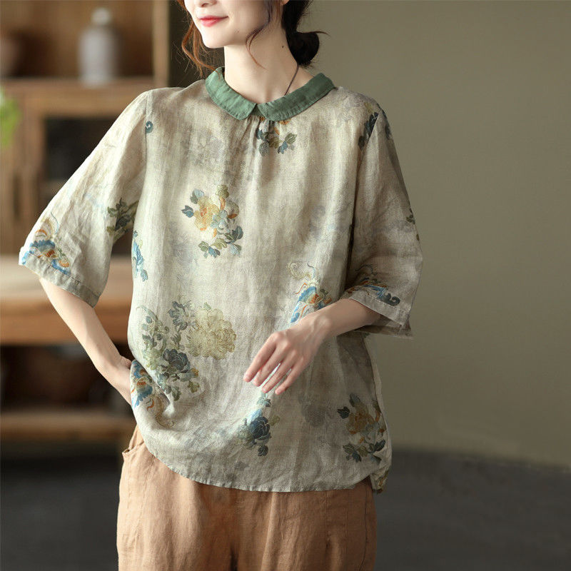 liwuka Women Summer Casual Shirts New Vintage Style Floral Print Loose Comfortable Cotton Linen Female Half Sleeve Tops