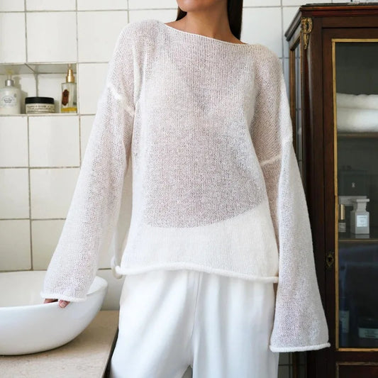 liwuka White Oversize Thin Knitted Pullovers Women Summer Knitwear T Shirts Red Loose Sweaters Trumpet Sleeves Transparent Sweater 2024