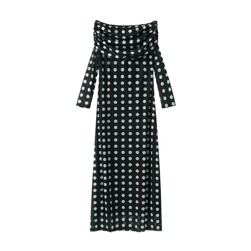 liwuka Sexy Polka Dot Dresses For Women Off Shoulder Mesh Patchwork Party Dress Long Sleeves Ruched Vestidos Summer Lady Elegant Robes