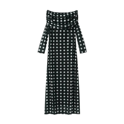 liwuka Sexy Polka Dot Dresses For Women Off Shoulder Mesh Patchwork Party Dress Long Sleeves Ruched Vestidos Summer Lady Elegant Robes