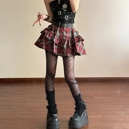 liwuka Korean Japanese Sweet Hot Clothes Gothic Punk Skirts Y2k Streetwear Dark Aesthetics Pleated Ball Gown Plaid Stripe Mini S