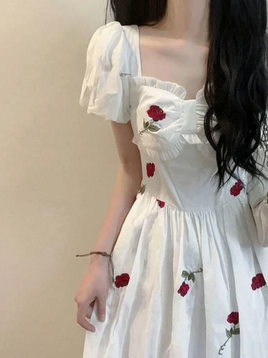 liwuka Women Dress 2024 Summer French Square Neck Fragmented Flower Dress Elegant Split Bubble Sleeves Slim Fit Long Dress