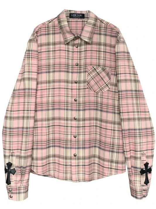 liwuka Pink Plaid Shirt Women Cross Button Up Blouses Female High Street Long Sleeve Tops Hippie Autumn Oversize Streetwear Ins