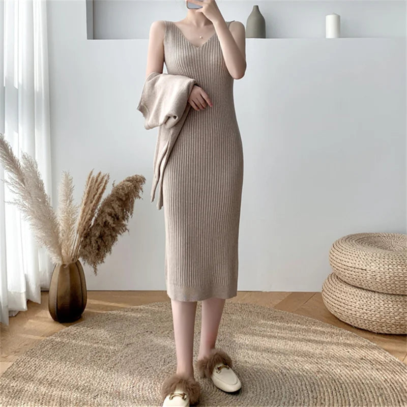 liwuka 2 Pieces Set Long Dress for Women Fall Winter Korean Fashion Sleeveless Knitted Dress and Cropped Sweater Set