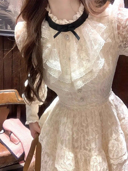 liwuka French Elegant Lace Y2k Mini Dress Casual Long Sleeve Short Party Dress Woman Slim One Piece Dress Korean Fashion Autumn