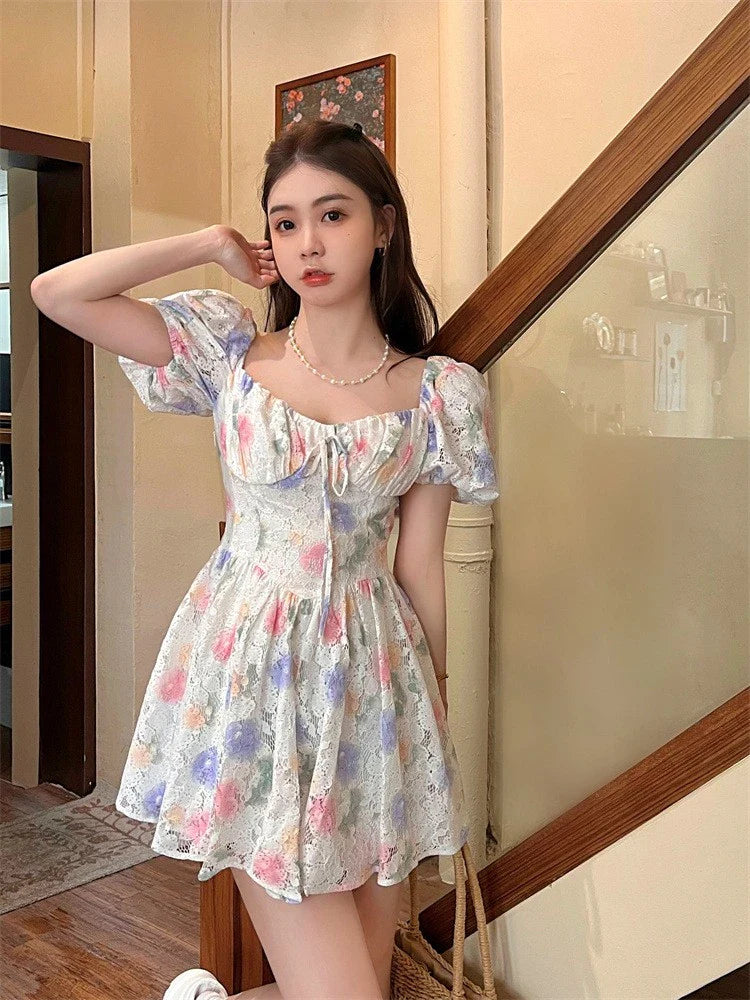 liwuka Summer New Korean Ins Square Collar Sexy Puff Sleeves Floral Holiday Short Dress Ladies dresses women