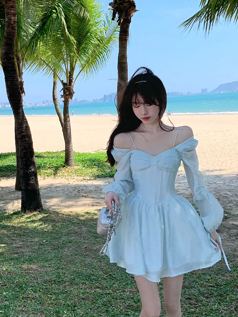 liwuka Long Sleeve Dress Female Blue Sweet A-Line Summer High Waist Vintage Slim Fairy Dress Princess Dress Sundress Beachwear Holiday Fairy Dress