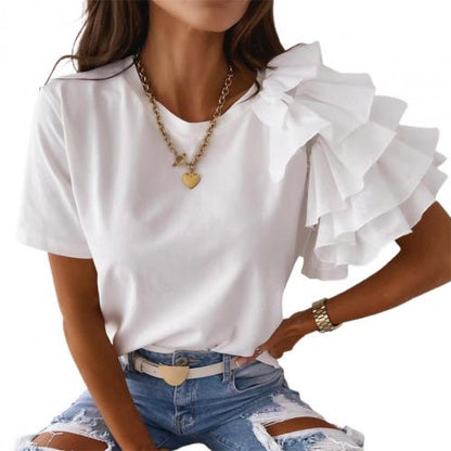 liwuka Fashion blouse women elegant white Solid Color Layered Ruffle Short Sleeve Asymmetric Loose T-shirt Top for Summer Women Blouses