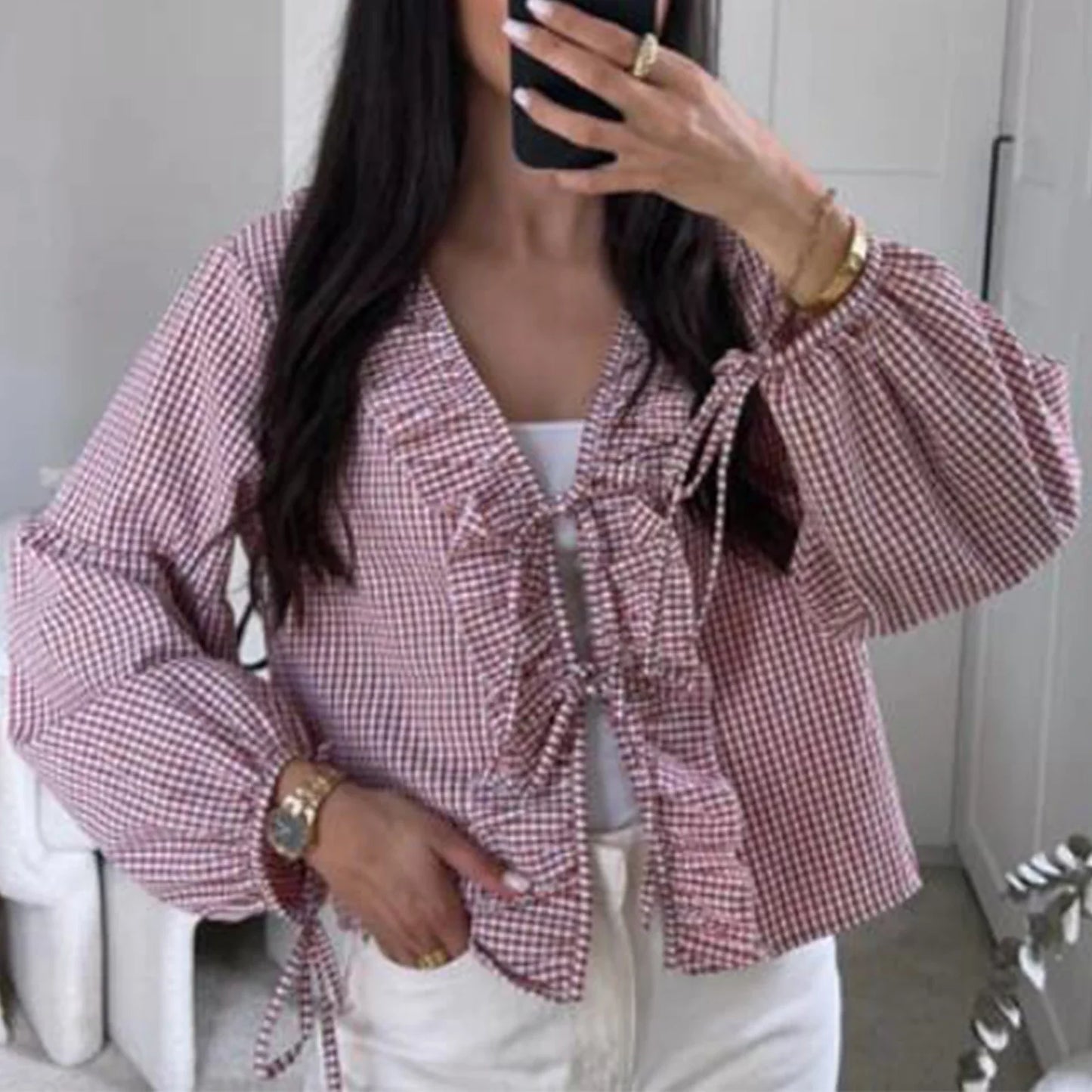 liwuka Women Y2K Puff Long Sleeve Peplum Shirts Tie Front Pan Collar Ruffle Babydoll Blouse Teen Girls Cute Going Out Tops