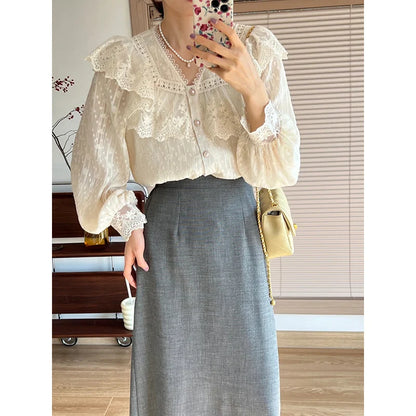 liwuka Vintage French Women Shirts Lace Lolita Elegant Long Sleeve Flounce Blouse High Quality Office Lady New Fashion Chic Female Tops