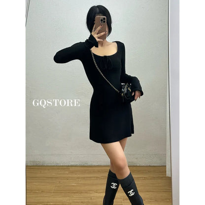 liwuka Sexy Elegant Slim Chest Tie Up Square Neck Flare Long Sleeved A-line Dress Short Dress Elegant Fashion Sexy Korean