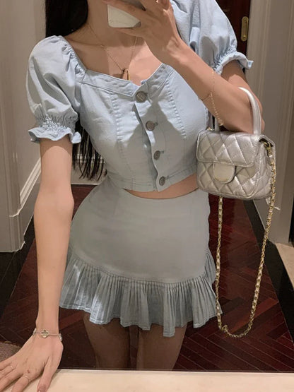 liwuka Summer Blue Kawaii Two Piece Skirt Set Women Solid Designer Party Mini Skirt Suit Female Korean Fashion Elegant Sweet Set